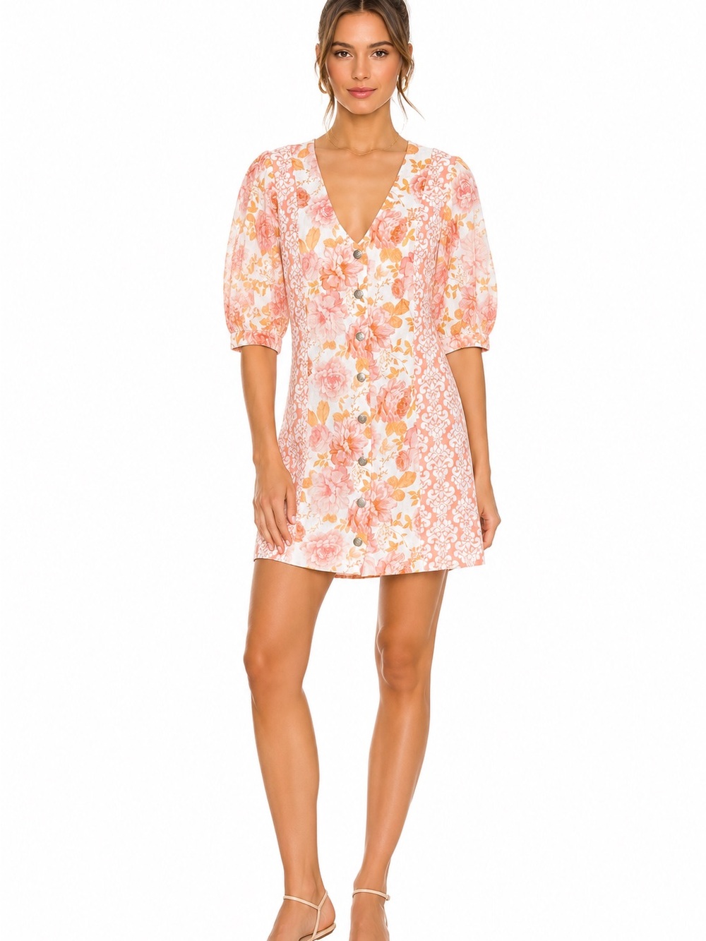 We Are Kindred Pink Floral Linen Lucia Puff Sleeve Button Mini Dress NWT